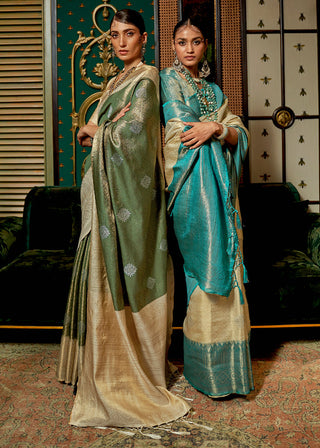 White & Blue Zari Woven Silk Saree with Tassels on Pallu Clothsvilla