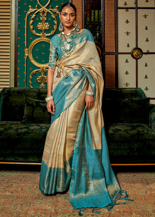 White & Blue Zari Woven Silk Saree with Tassels on Pallu Clothsvilla