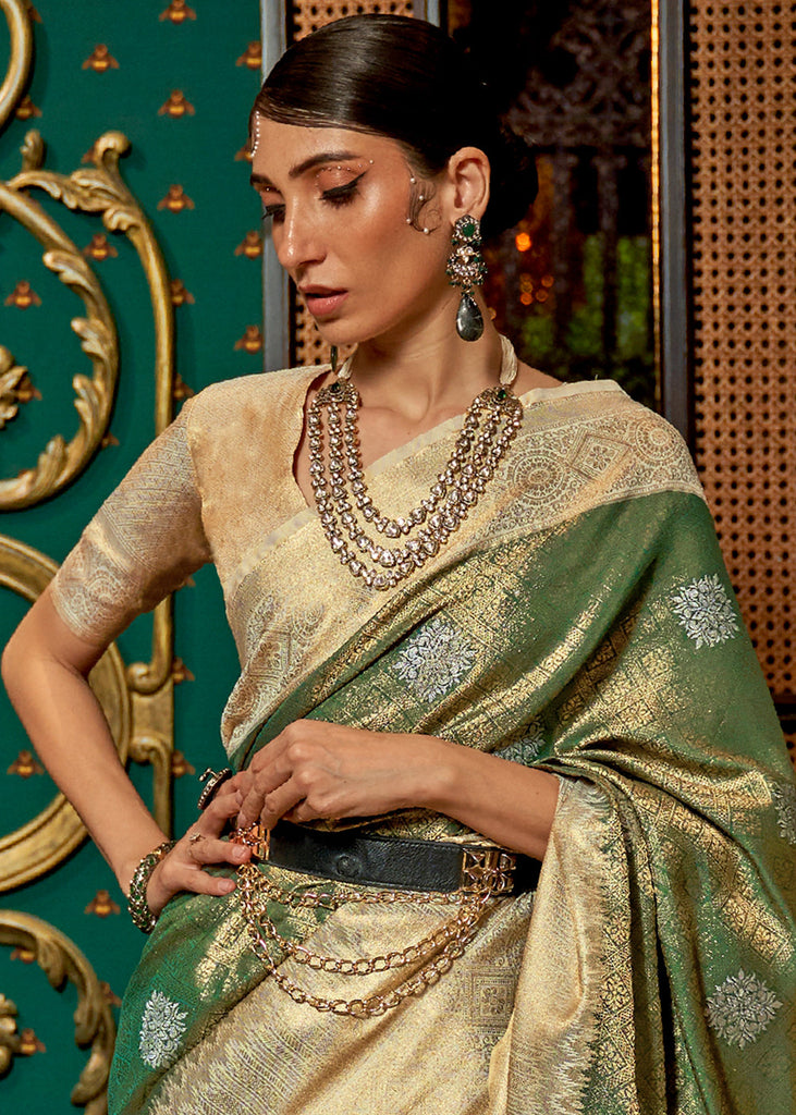 Green & Golden Zari Woven Silk Saree with Tassels on Pallu Clothsvilla