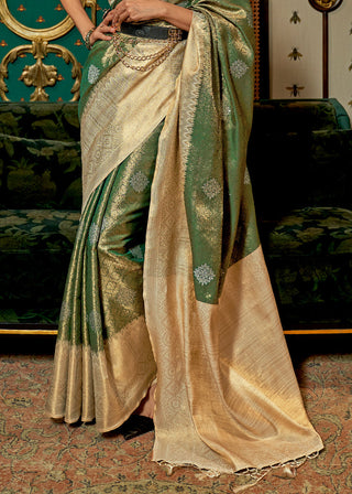Green & Golden Zari Woven Silk Saree with Tassels on Pallu Clothsvilla