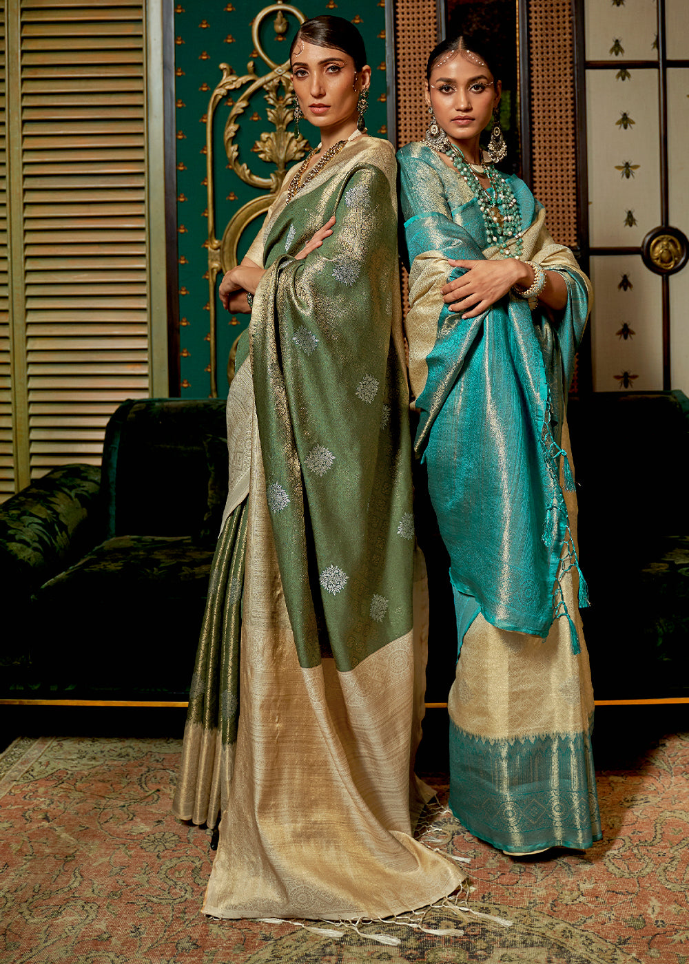 Green & Golden Zari Woven Silk Saree with Tassels on Pallu Clothsvilla
