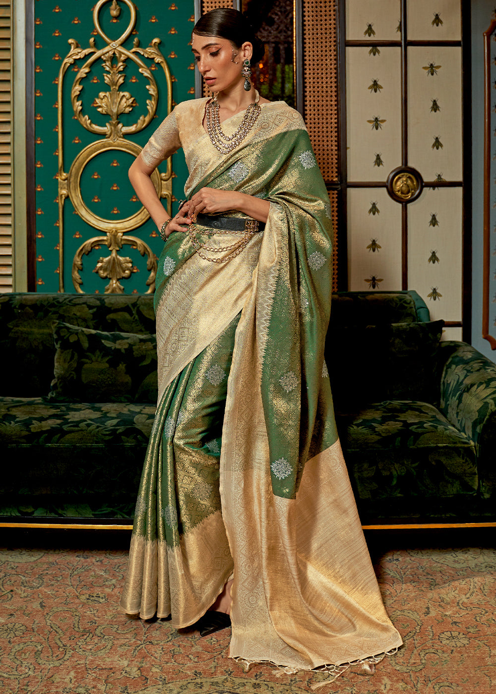 Green & Golden Zari Woven Silk Saree with Tassels on Pallu Clothsvilla