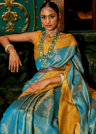 Yellow & Blue Zari Woven Silk Saree with Tassels on Pallu Clothsvilla