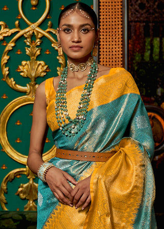 Yellow & Blue Zari Woven Silk Saree with Tassels on Pallu Clothsvilla
