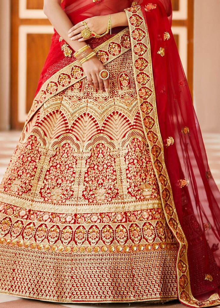 Crimson Red Velvet  Bridal Lehenga Choli with Embroidery & Hand work Clothsvilla