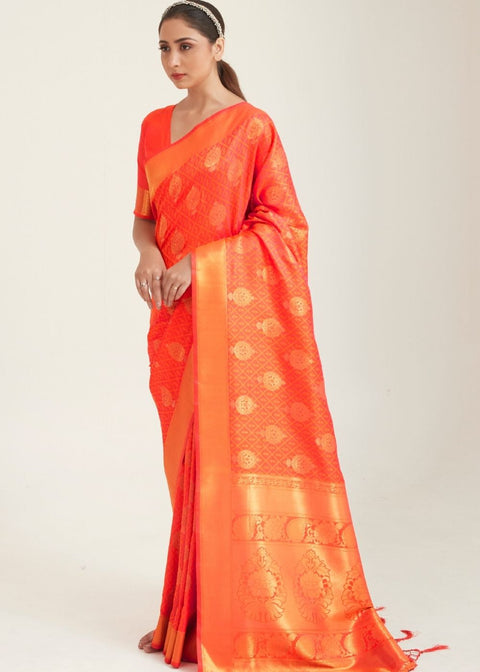 Fire Orange Zari Butta Woven Banasari Silk Saree Clothsvilla Main image