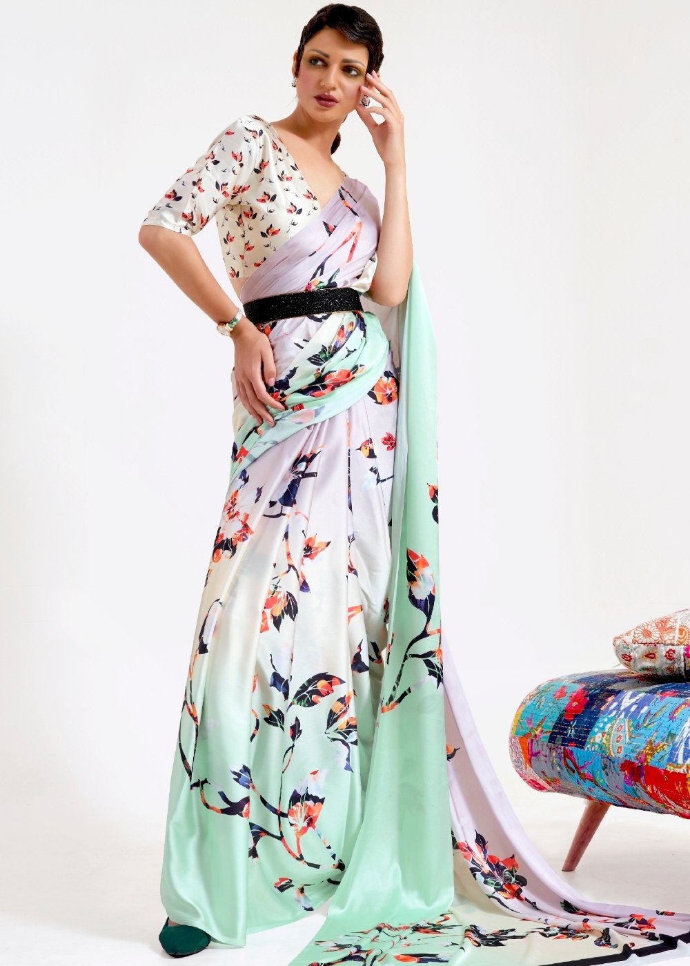 Multi Colored Digital Printed Satin Crepe Saree Clothsvilla Main image