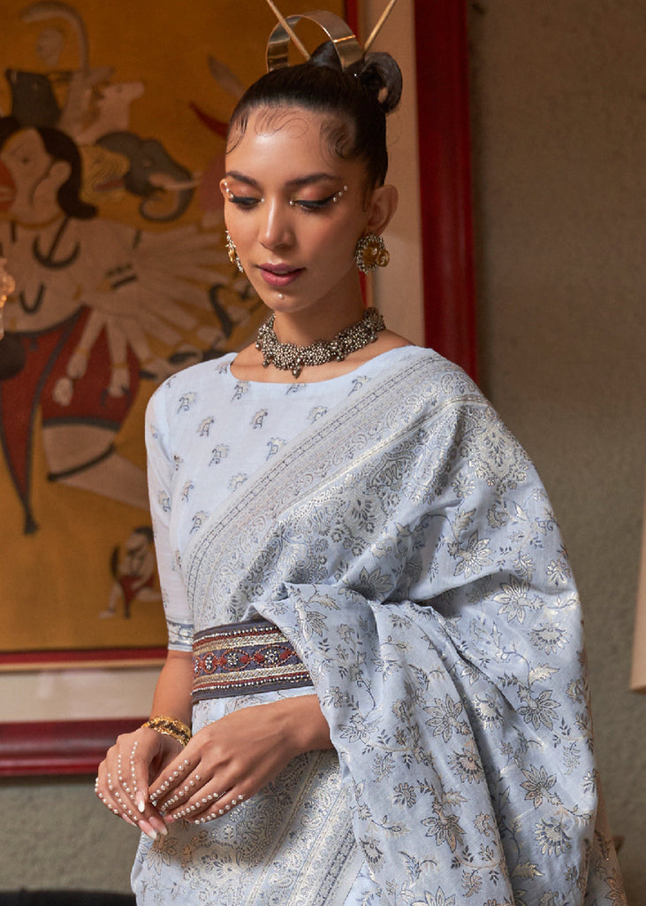 Silver Grey Kashmiri Woven Cotton Silk Saree Clothsvilla