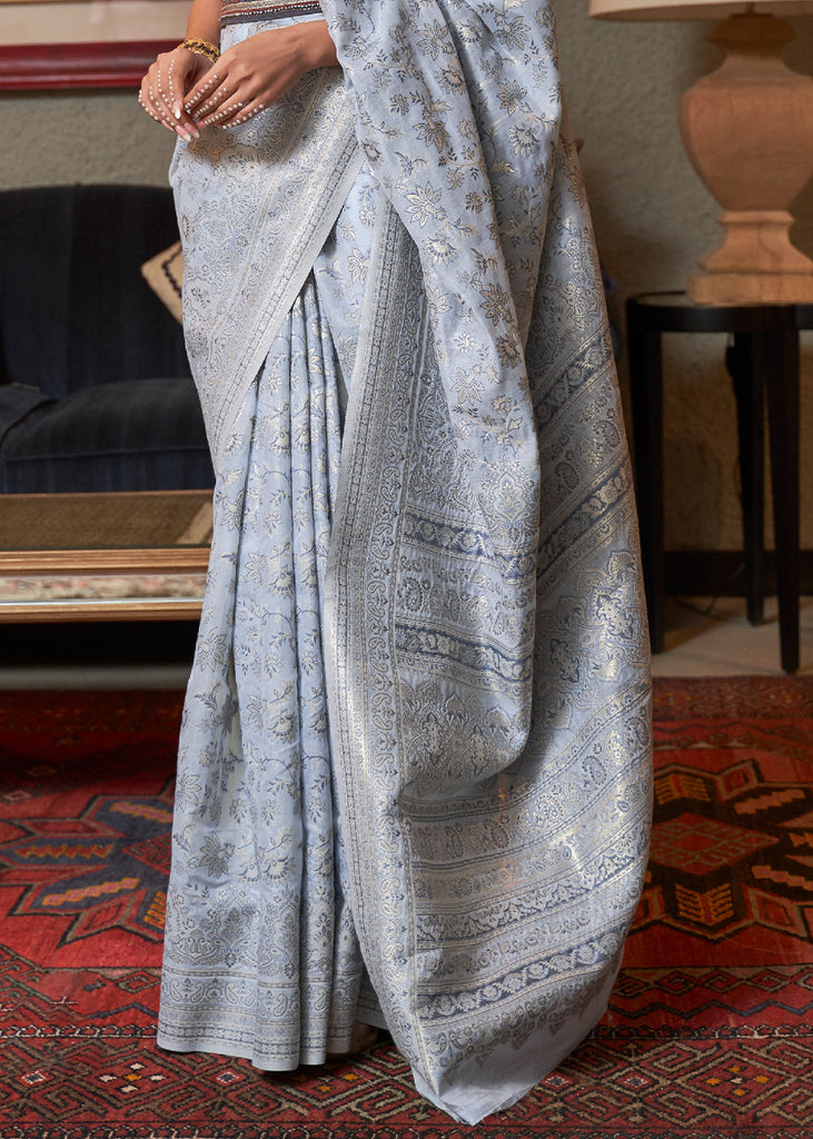 Silver Grey Kashmiri Woven Cotton Silk Saree Clothsvilla