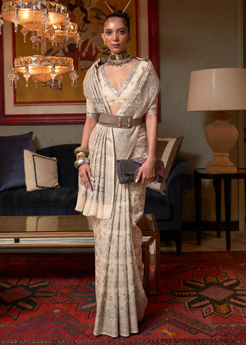 Light Beige Brown Kashmiri Woven Cotton Silk Saree Clothsvilla