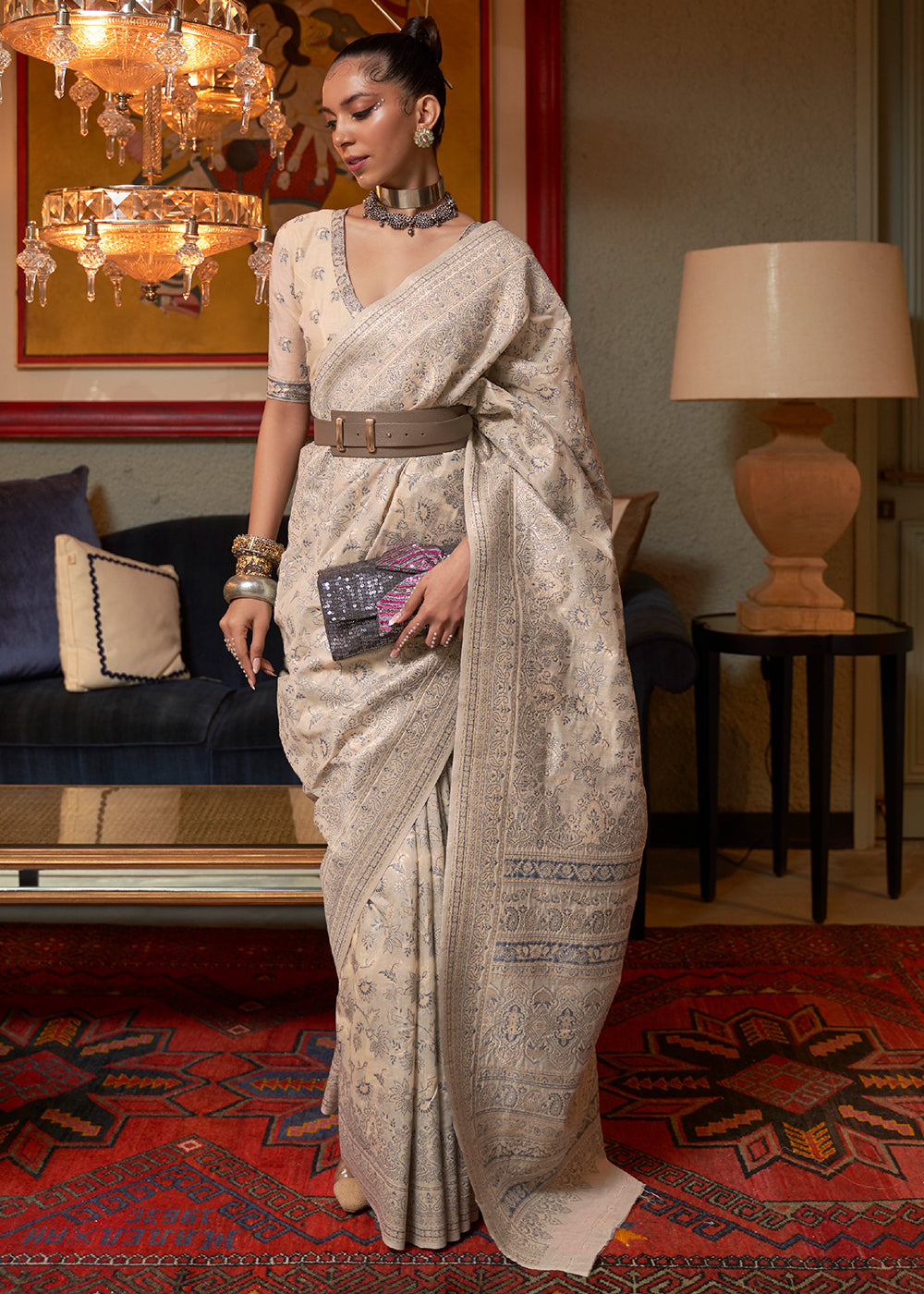 Light Beige Brown Kashmiri Woven Cotton Silk Saree Clothsvilla Main image