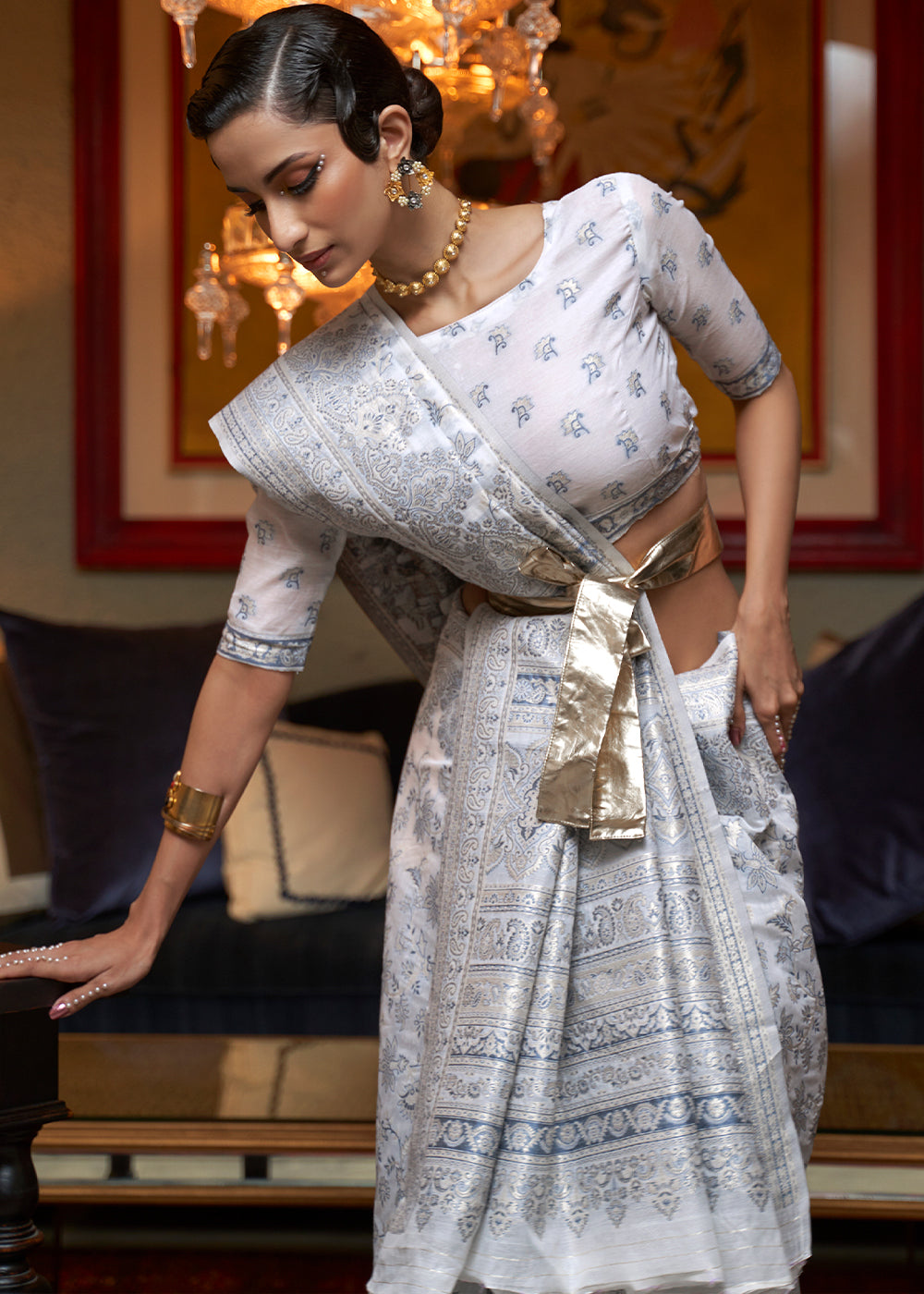 Snow White Kashmiri Woven Cotton Silk Saree Clothsvilla