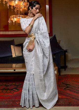 Snow White Kashmiri Woven Cotton Silk Saree Clothsvilla