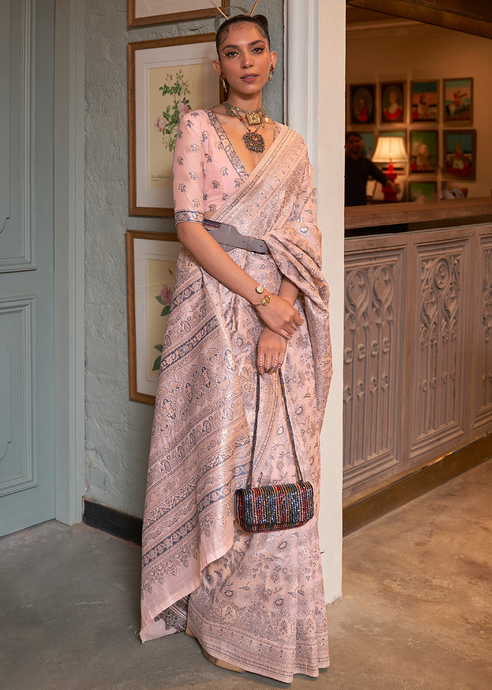 Valentine Pink Kashmiri Woven Cotton Silk Saree Clothsvilla Main image