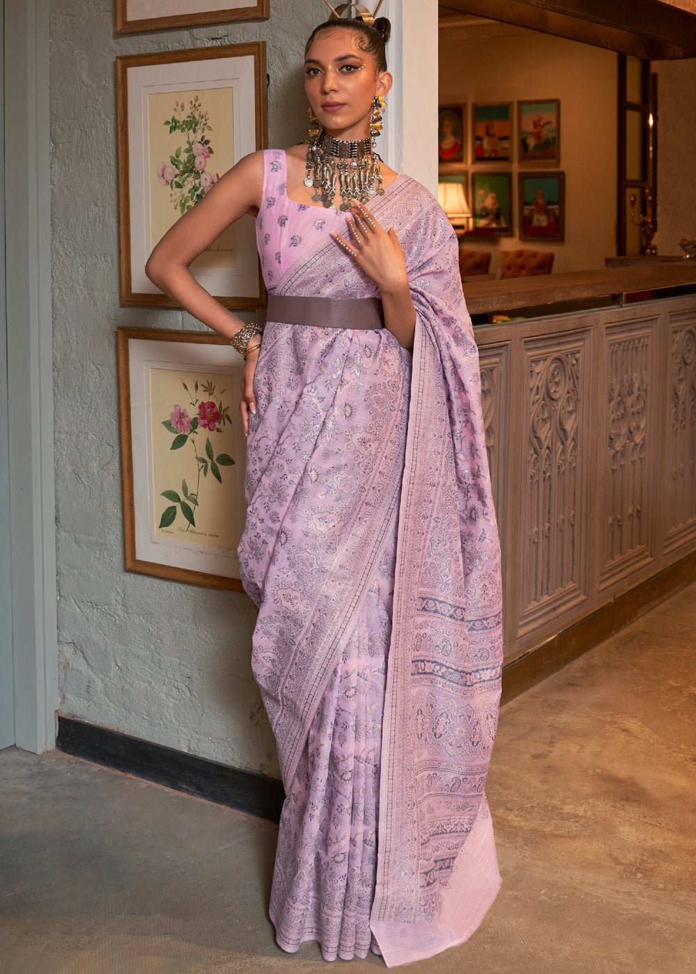 Lavender Purple Kashmiri Woven Cotton Silk Saree Clothsvilla Main image