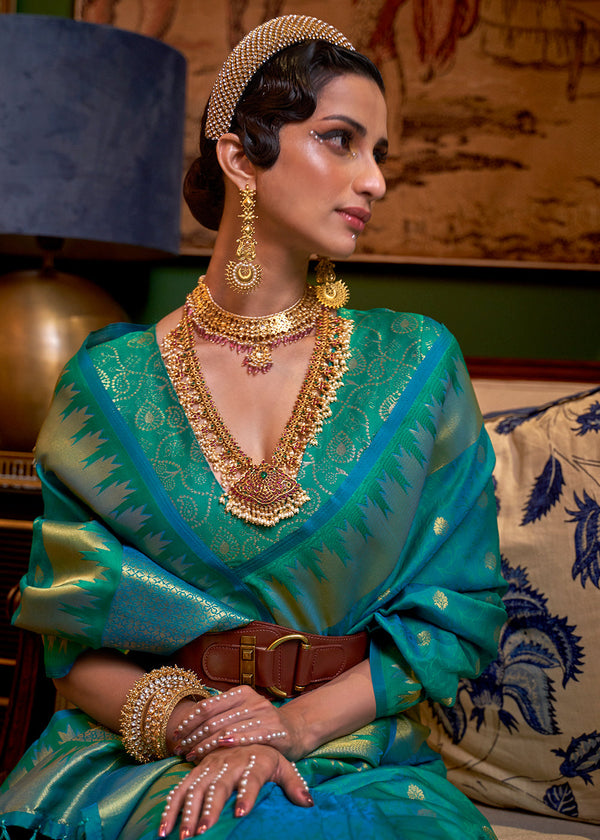 Peacock Blue Handloom Woven Banarasi Silk Saree Clothsvilla