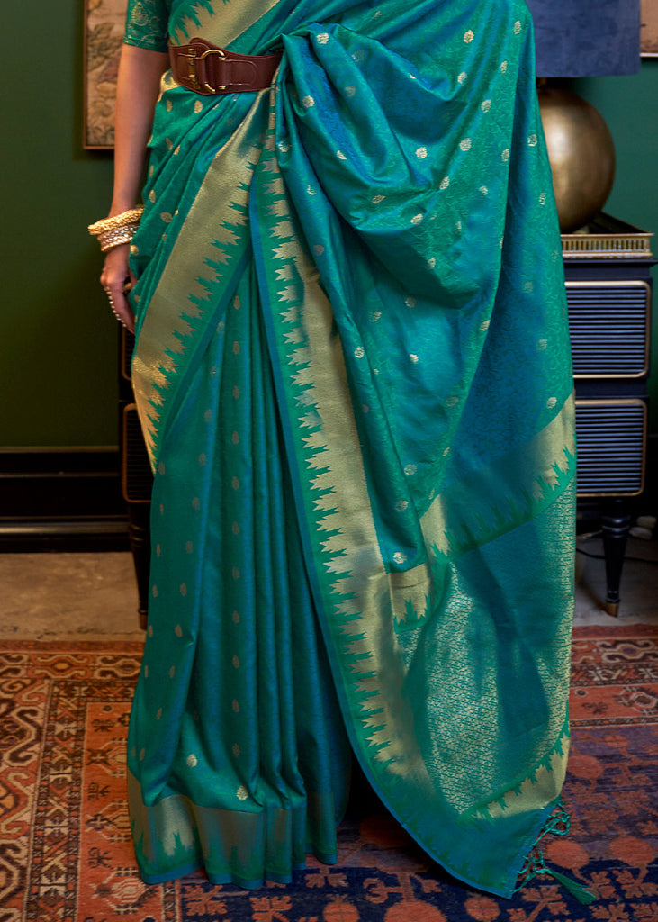 Peacock Blue Cotton Silk Saree with Green Blouse Piece - Jhanvi Fashions