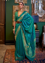 Load image into Gallery viewer, Peacock Blue Handloom Woven Banarasi Silk Saree Clothsvilla