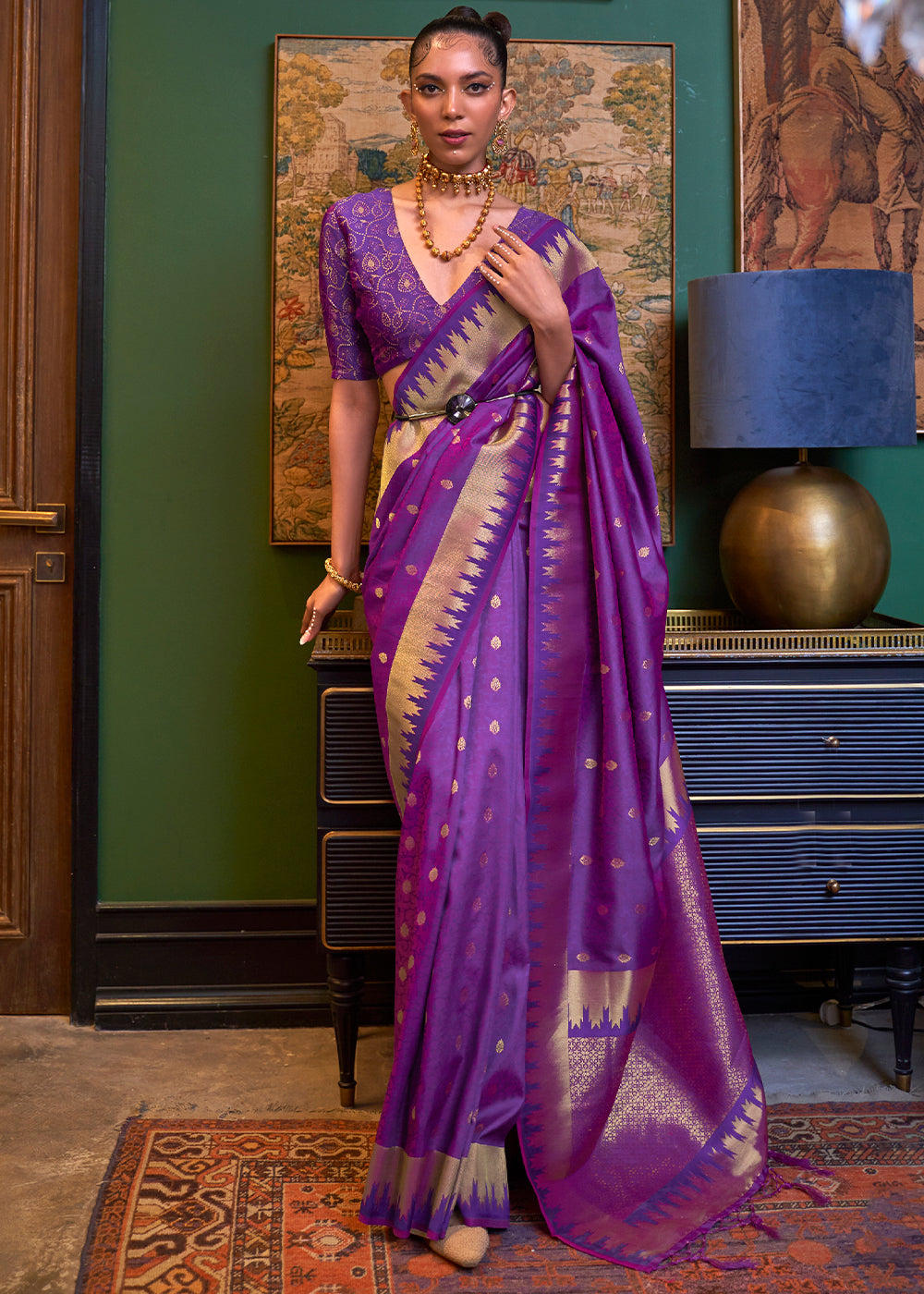 Indigo Purple Handloom Woven Banarasi Silk Saree Clothsvilla Main image
