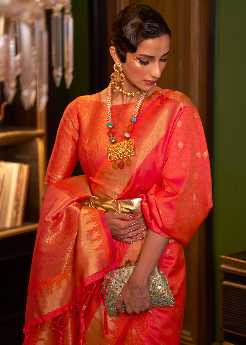 Orange & Pink Handloom Woven Banarasi Silk Saree Secondary image