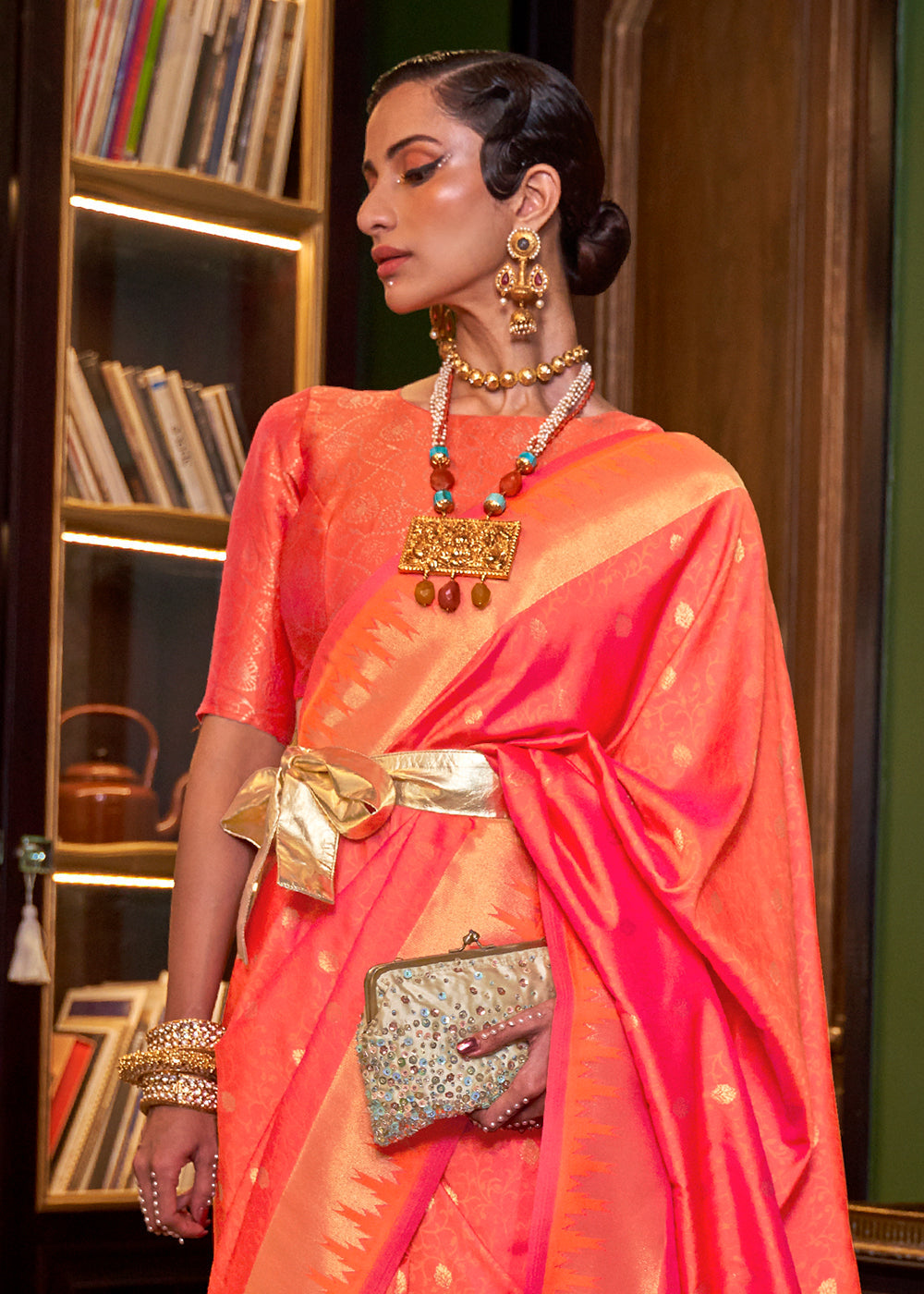 Orange & Pink Handloom Woven Banarasi Silk Saree Clothsvilla