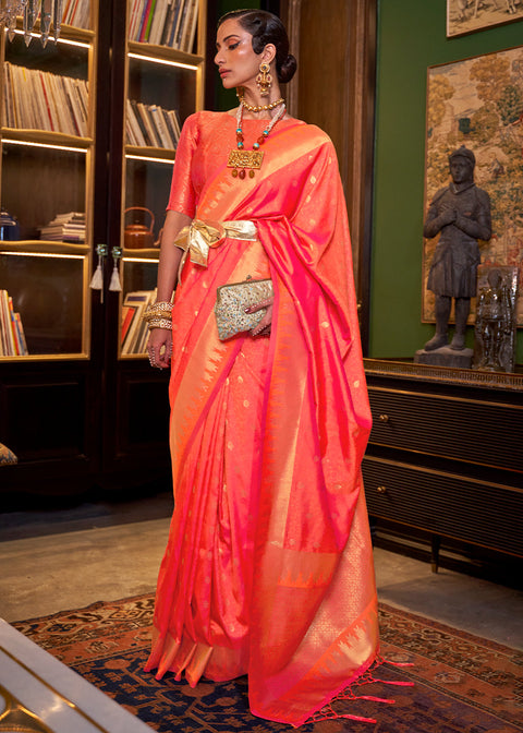 Orange & Pink Handloom Woven Banarasi Silk Saree Clothsvilla Main image