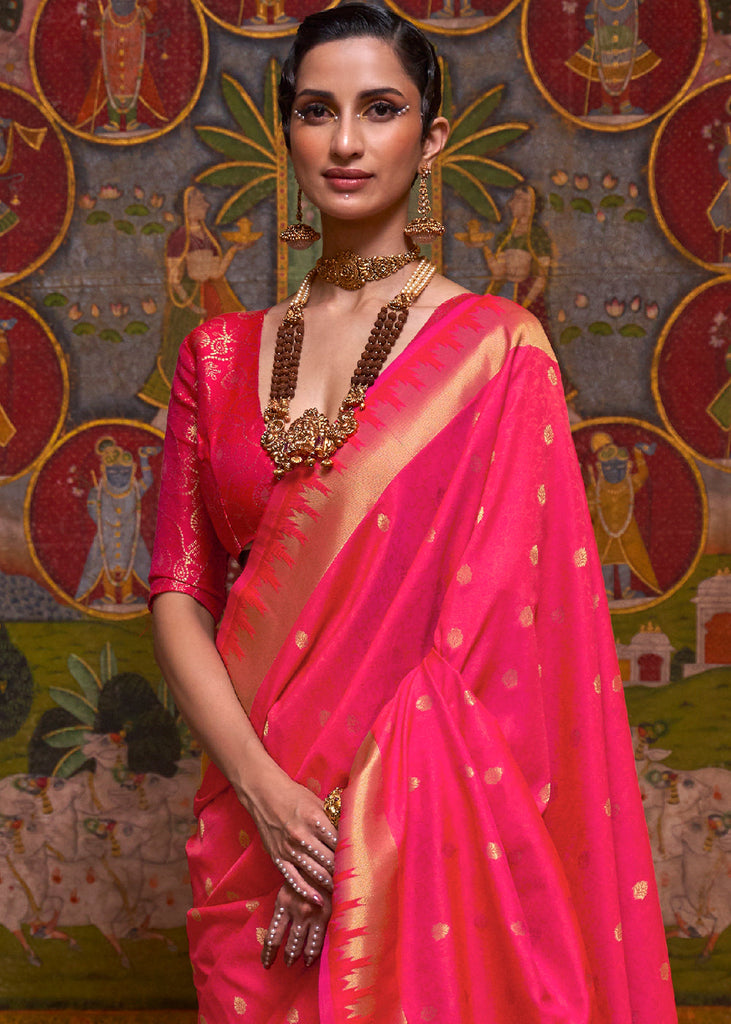 Strawberry Pink Handloom Woven Banarasi Silk Saree Clothsvilla