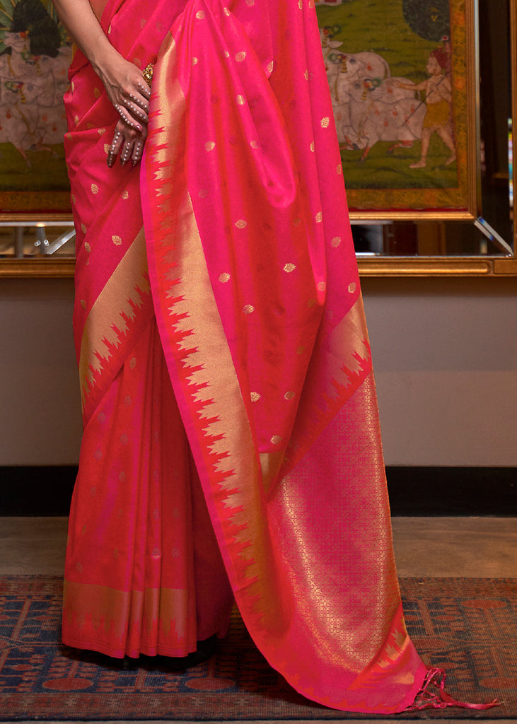 Strawberry Pink Handloom Woven Banarasi Silk Saree Clothsvilla