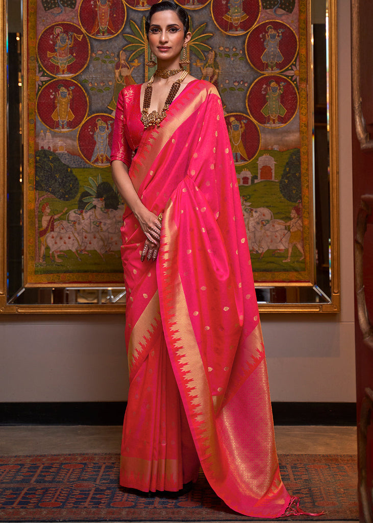 Strawberry Pink Handloom Woven Banarasi Silk Saree Clothsvilla