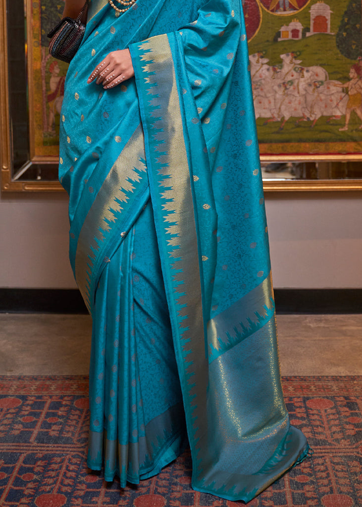 Cerulean Blue Handloom Woven Banarasi Silk Saree Clothsvilla