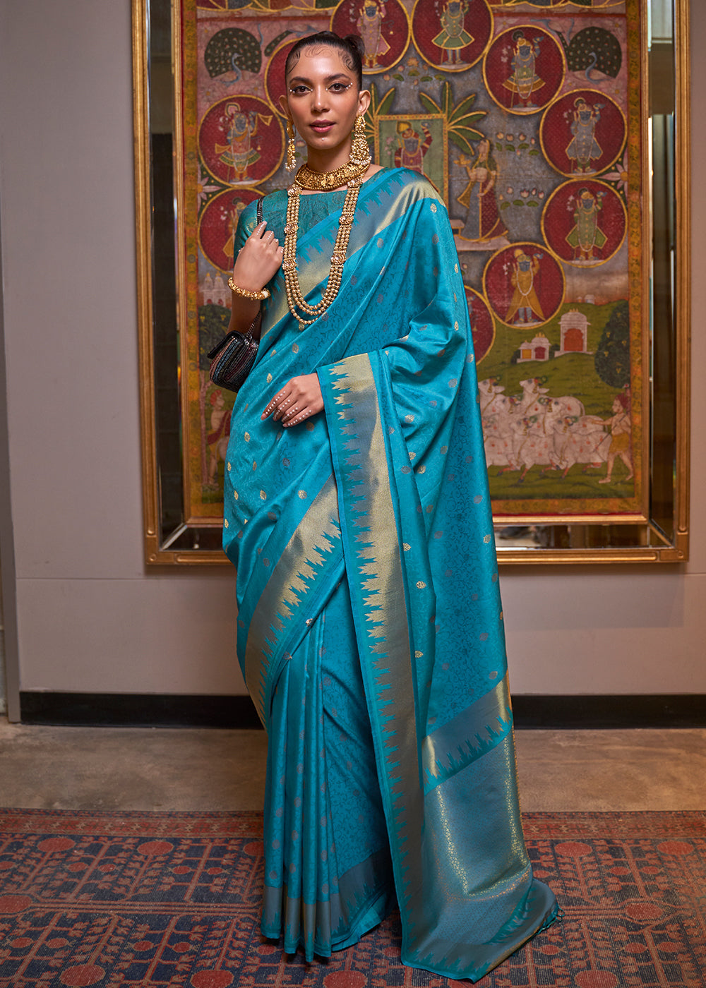 Cerulean Blue Handloom Woven Banarasi Silk Saree Clothsvilla