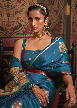 Cobalt Blue Copper Zari Woven Satin Silk Saree Clothsvilla