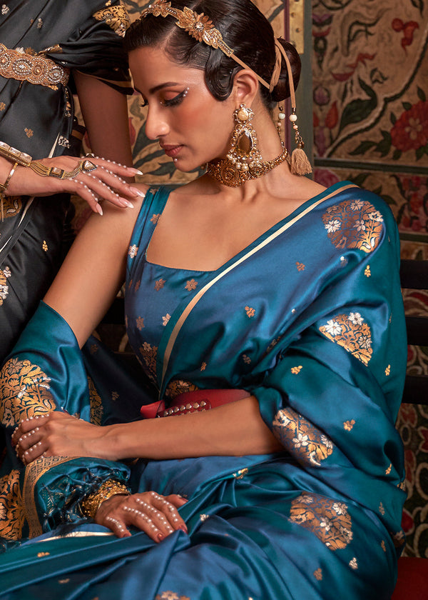 Cobalt Blue Copper Zari Woven Satin Silk Saree Clothsvilla