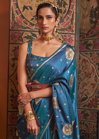 Cobalt Blue Copper Zari Woven Satin Silk Saree Clothsvilla