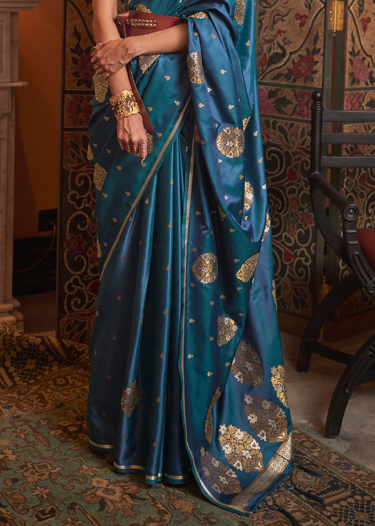 Cobalt Blue Copper Zari Woven Satin Silk Saree Clothsvilla
