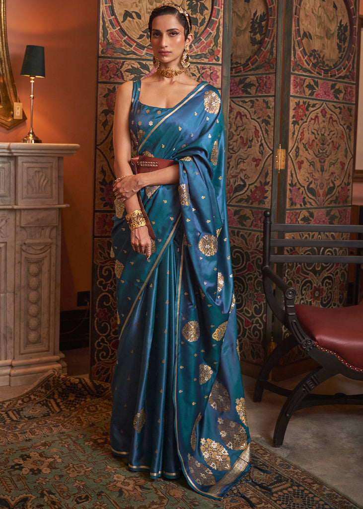 Cobalt Blue Copper Zari Woven Satin Silk Saree Clothsvilla