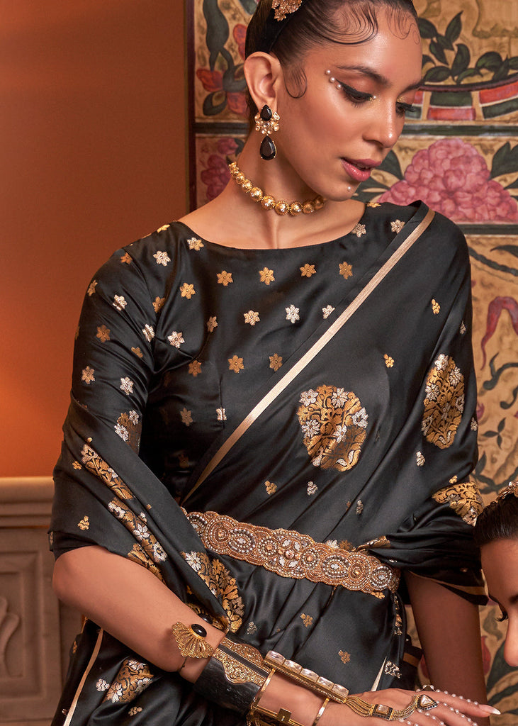 Onyx Black Copper Zari Woven Satin Silk Saree Clothsvilla