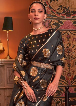 Onyx Black Copper Zari Woven Satin Silk Saree Clothsvilla