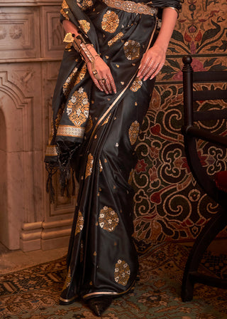 Onyx Black Copper Zari Woven Satin Silk Saree Clothsvilla