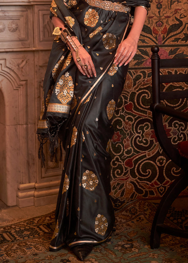 Onyx Black Copper Zari Woven Satin Silk Saree Clothsvilla