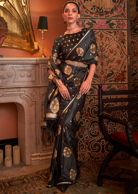 Onyx Black Copper Zari Woven Satin Silk Saree Clothsvilla Main image