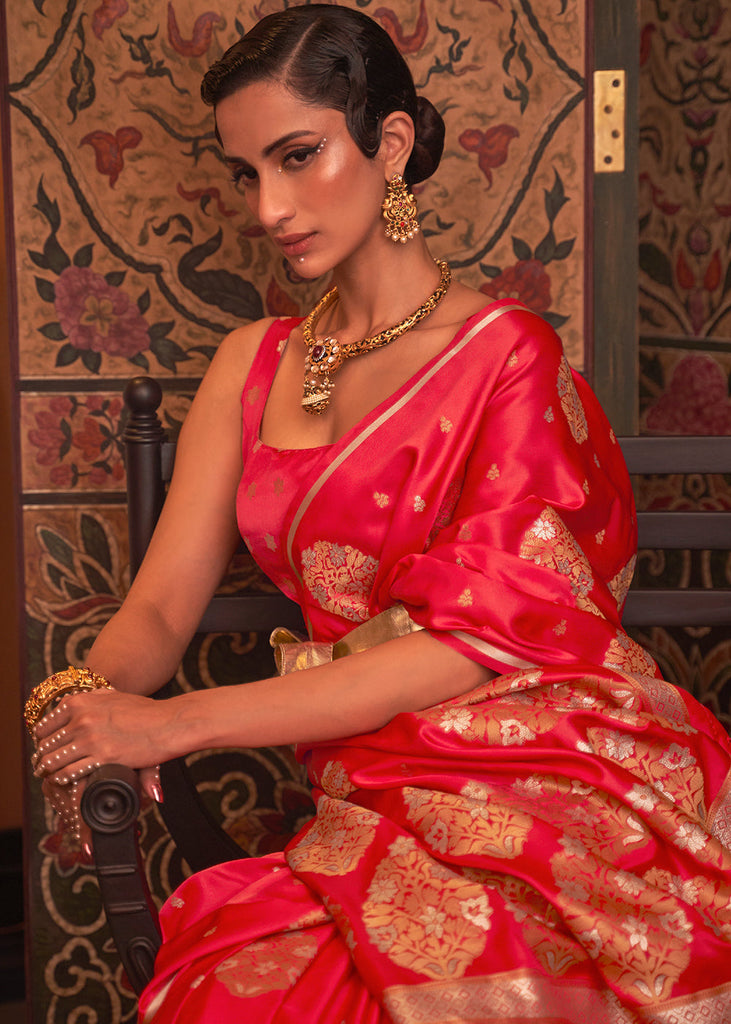 Tart Red Copper Zari Woven Satin Silk Saree Clothsvilla