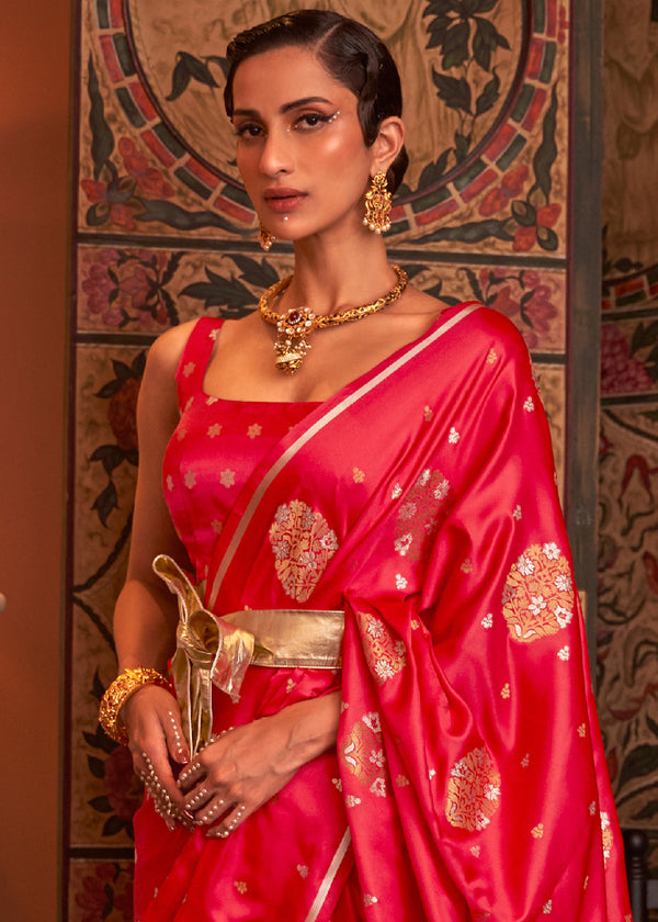 Tart Red Copper Zari Woven Satin Silk Saree Clothsvilla