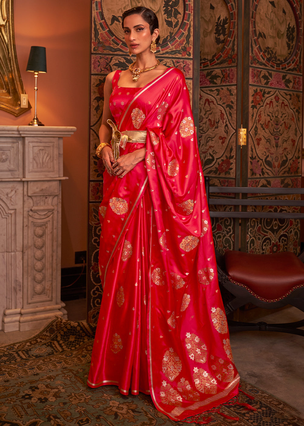 Tart Red Copper Zari Woven Satin Silk Saree Clothsvilla