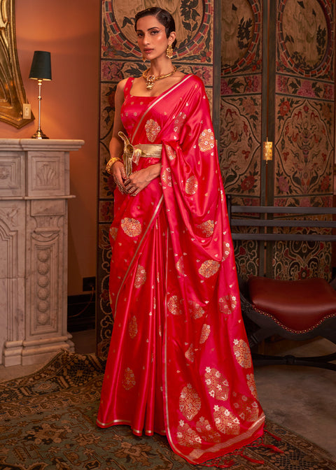 Tart Red Copper Zari Woven Satin Silk Saree Clothsvilla Main image