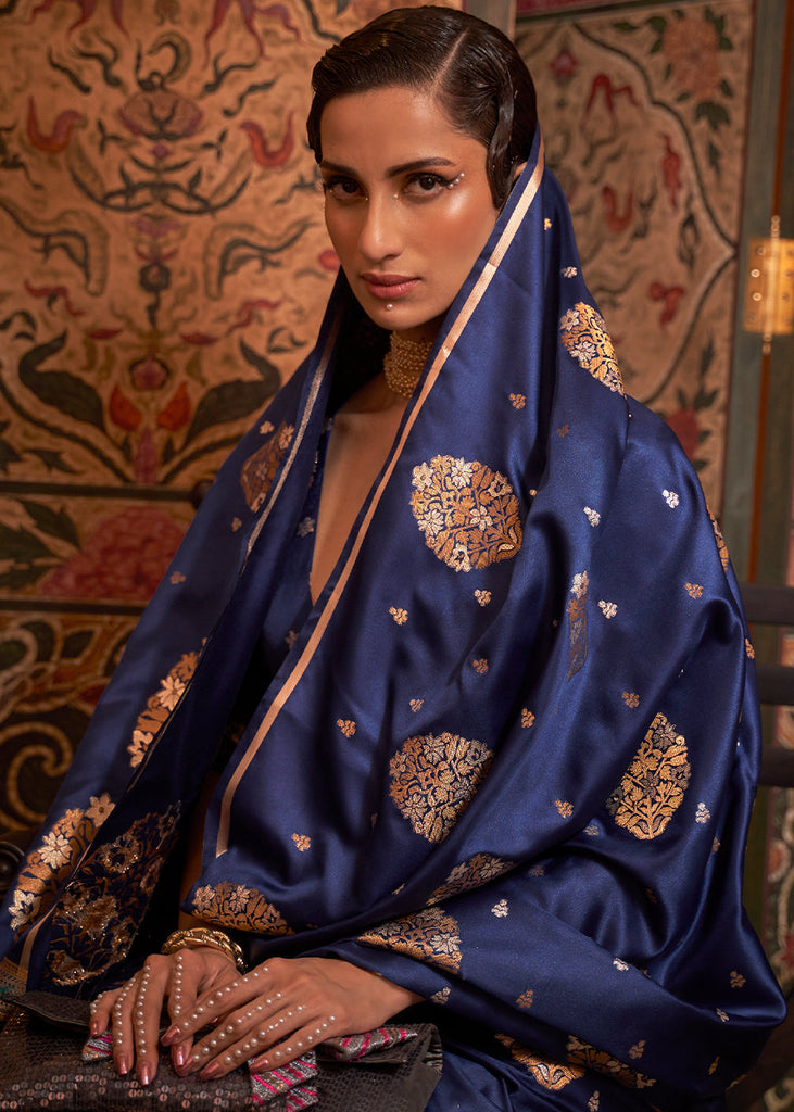 Midnight Blue Copper Zari Woven Satin Silk Saree Clothsvilla