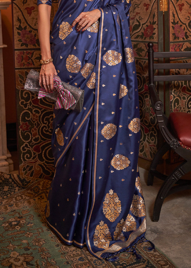 Midnight Blue Copper Zari Woven Satin Silk Saree Clothsvilla