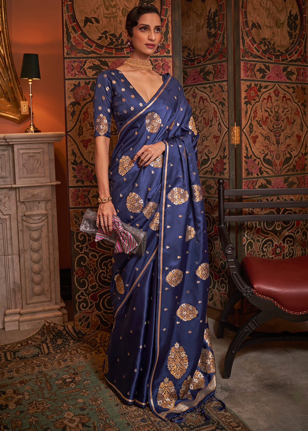 Midnight Blue Copper Zari Woven Satin Silk Saree Clothsvilla Main image