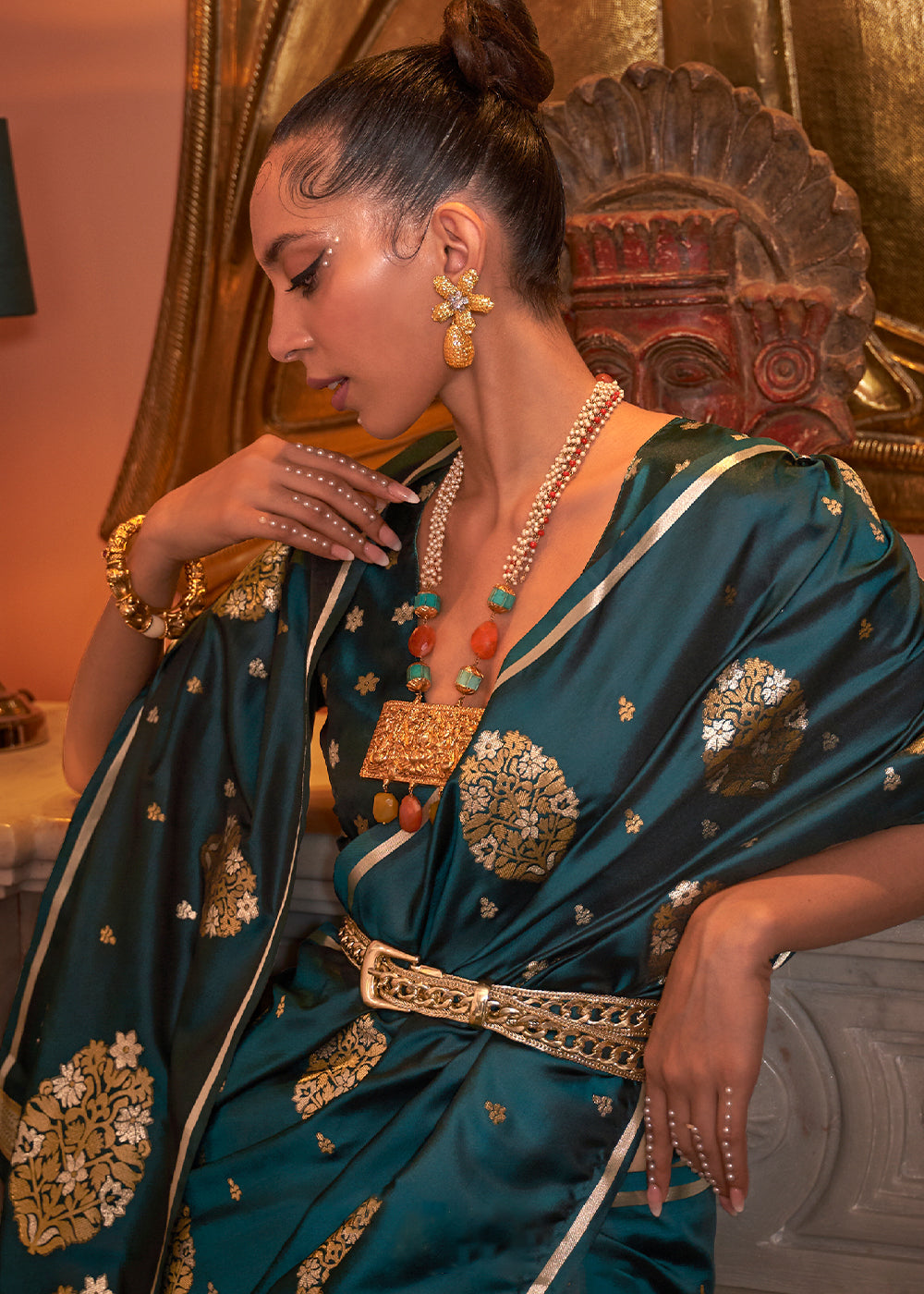 Peacock Green Copper Zari Woven Satin Silk Saree Clothsvilla