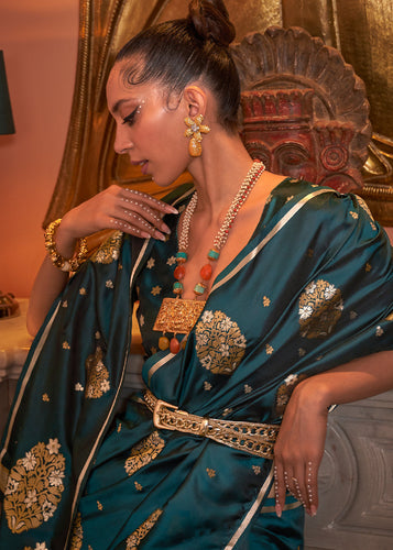 Peacock Green Copper Zari Woven Satin Silk Saree Clothsvilla